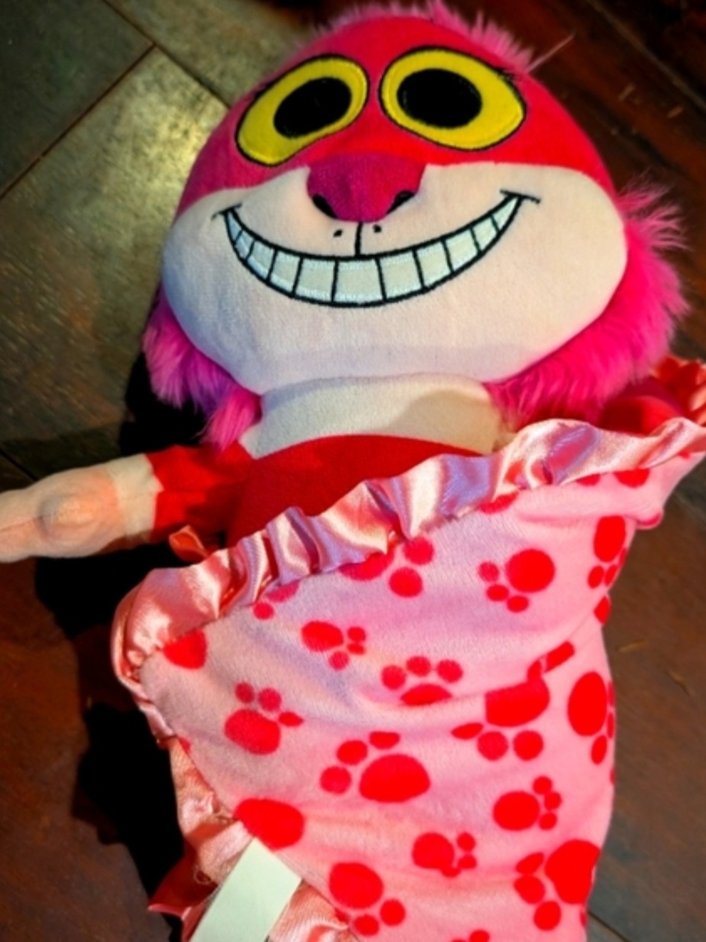 Disney Pink Cheshire Cat Plush with Yellow Eyes and Paw-Print Blanket